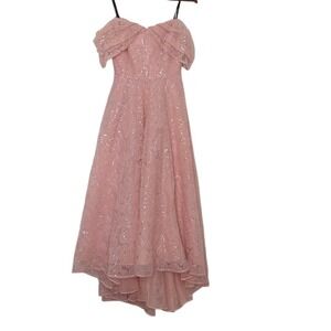 THEIA Sequin Lace Off Shoulder High Low Dress Blush Pink Size 4